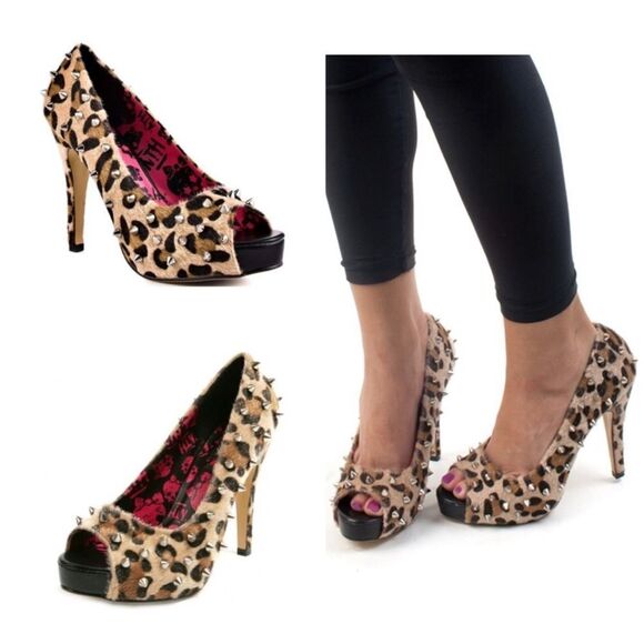Abbey Dawn Leopard Peep Toe Platform Heels In Leopard. - Picture 1 of 5